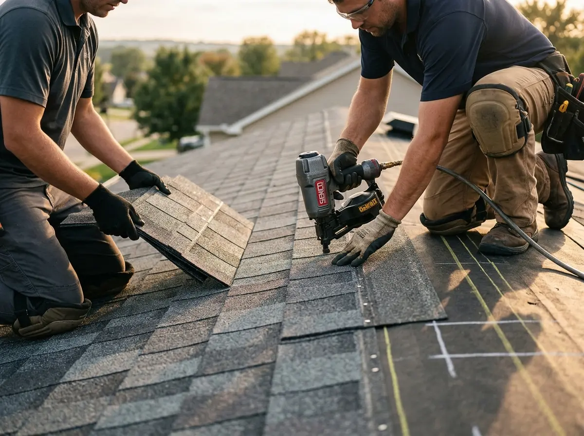 Professional roofer working on a residential roof in Cedar Grove
